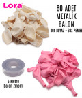 60 Adet Beyaz ve Pembe Karışık Metalik Balon + 5 Metre Balon Zinciri - 99252