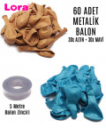 60 Adet Altın ve Mavi Karışık Metalik Balon + 5 Metre Balon Zinciri - 99279