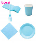 Mavi Renkli Plastik Çatal, Peçete, Karton Bardak ve Tabak Seti
